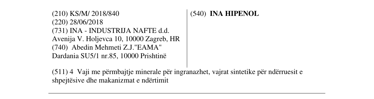 Zëri i markës INA HIPENOL në buletin