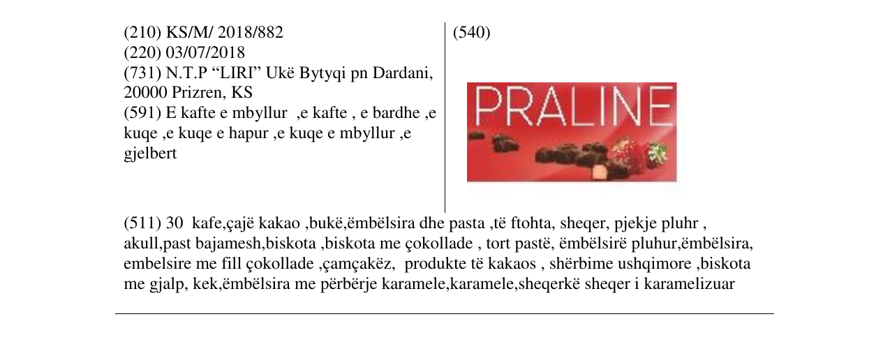 Zëri i markës PRALINE në buletin