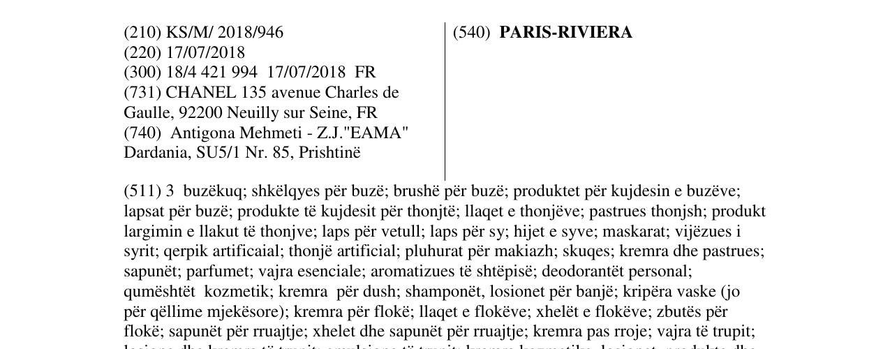 Zëri i markës PARIS-RIVIERA në buletin