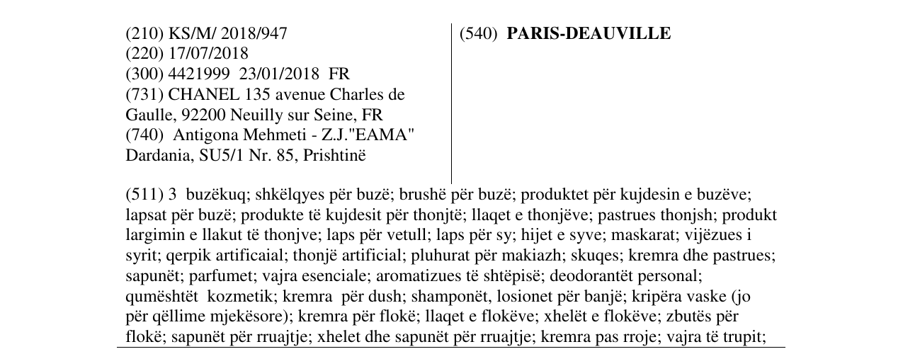 Zëri i markës PARIS-DEAUVILLE në buletin