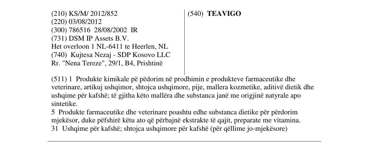 Zëri i markës TEAVIGO në buletin