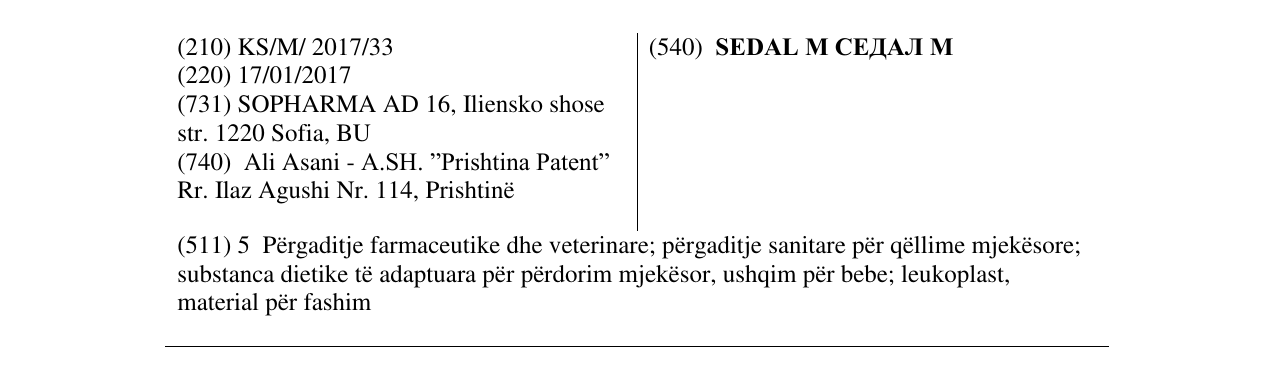 Zëri i markës SEDAL M СЕДАЛ М në buletin