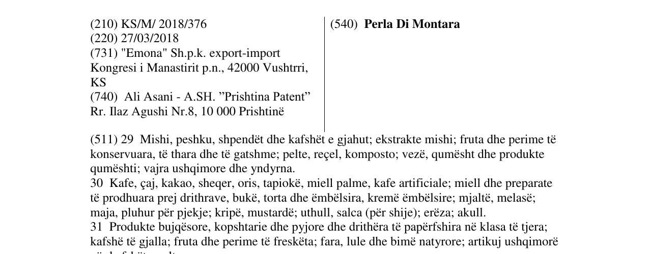 Zëri i markës Perla Di Montara në buletin
