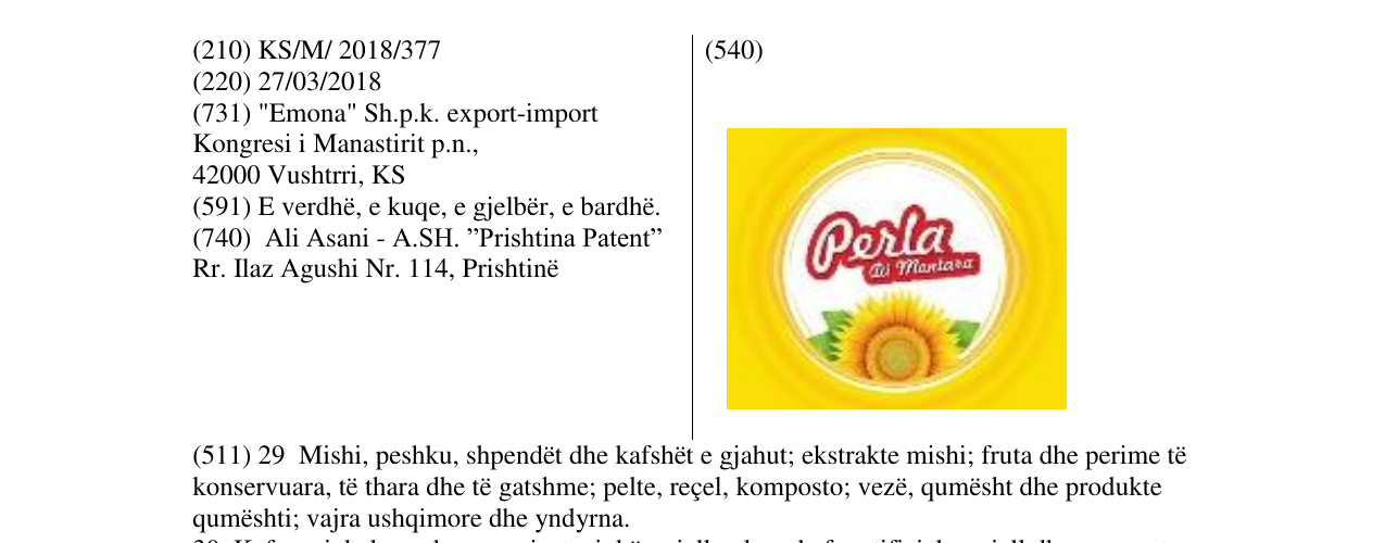 Zëri i markës Perla Di Mentara në buletin