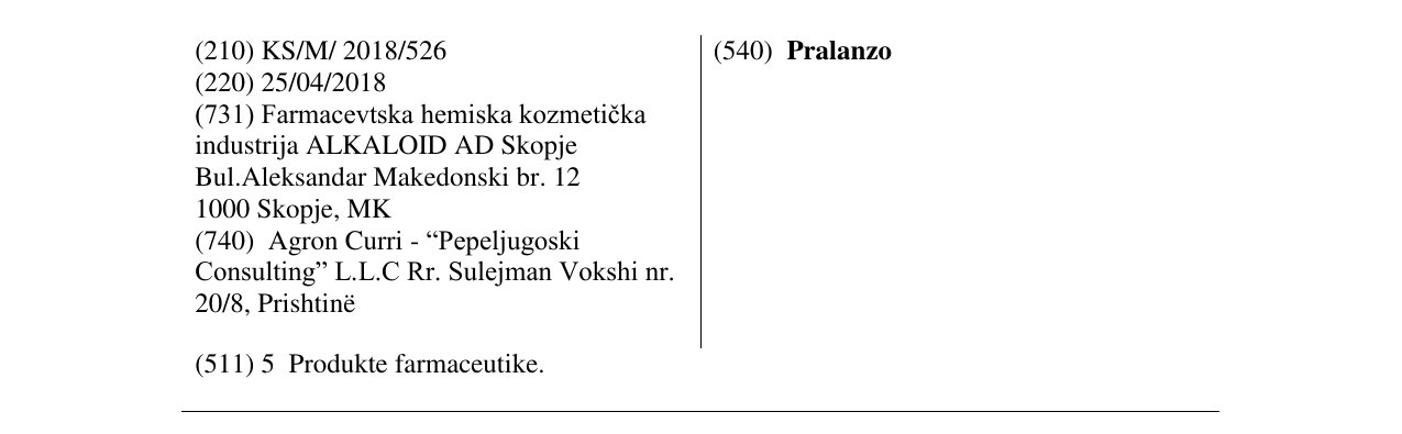 Zëri i markës Pralanzo në buletin
