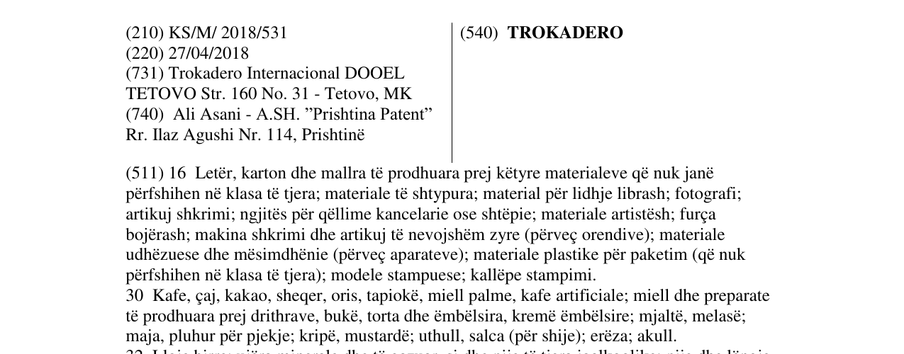Zëri i markës TROKADERO në buletin