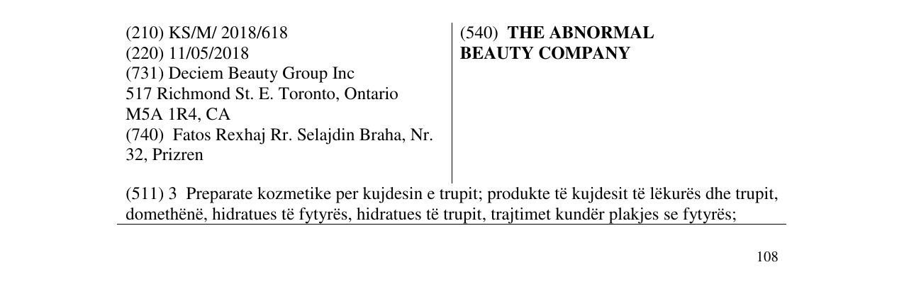 Zëri i markës THE ABNORMAL BEAUTY COMPANY në buletin