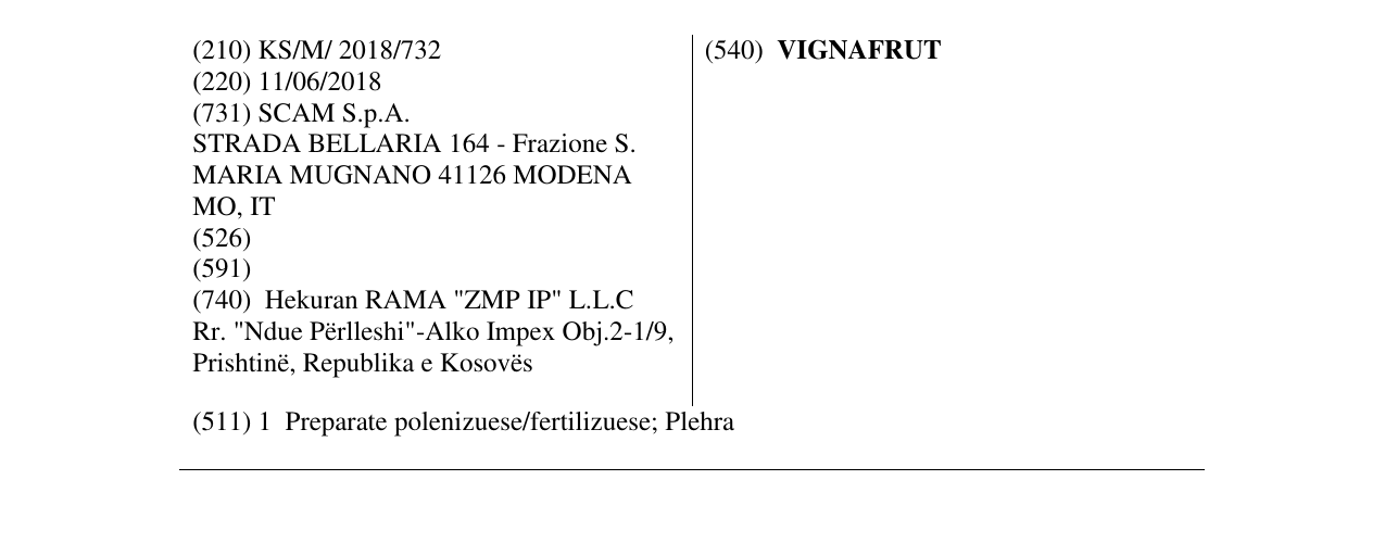 Zëri i markës VIGNAFRUT në buletin