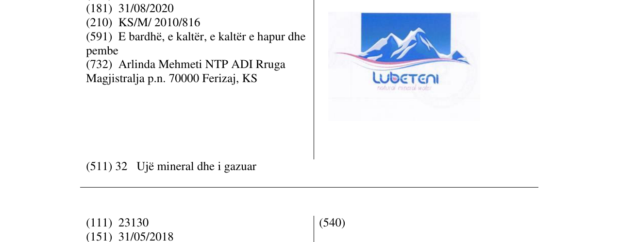 Zëri i markës LUBETENI natural mineral water në buletin
