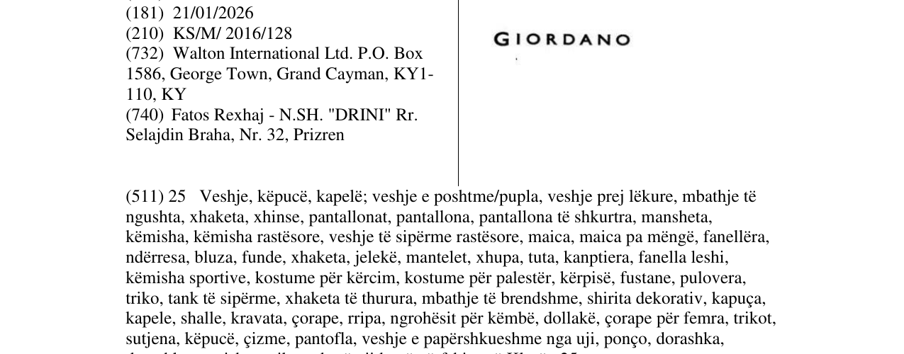 Zëri i markës GIORDANO në buletin