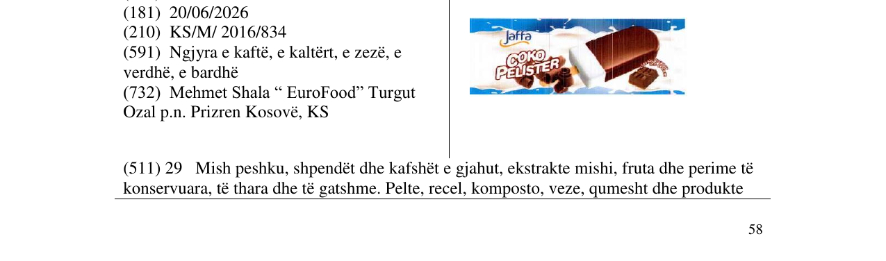 Zëri i markës Jaffa COKO PELISTER në buletin
