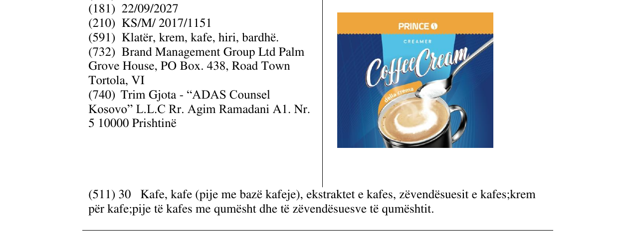 Zëri i markës PRINCE CoffeeCream në buletin