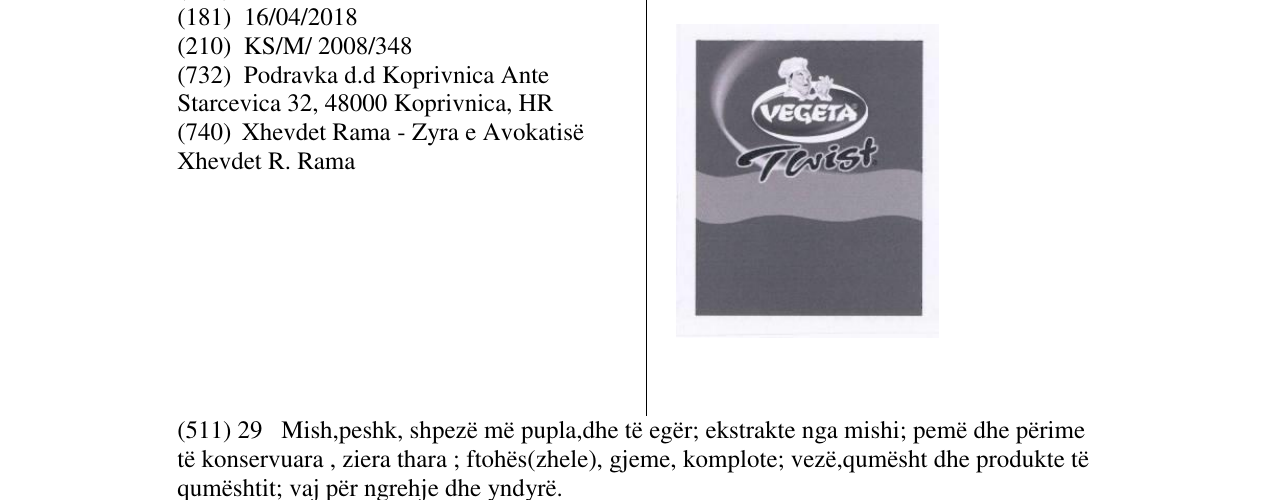 Zëri i markës VEGETA TEVIST në buletin