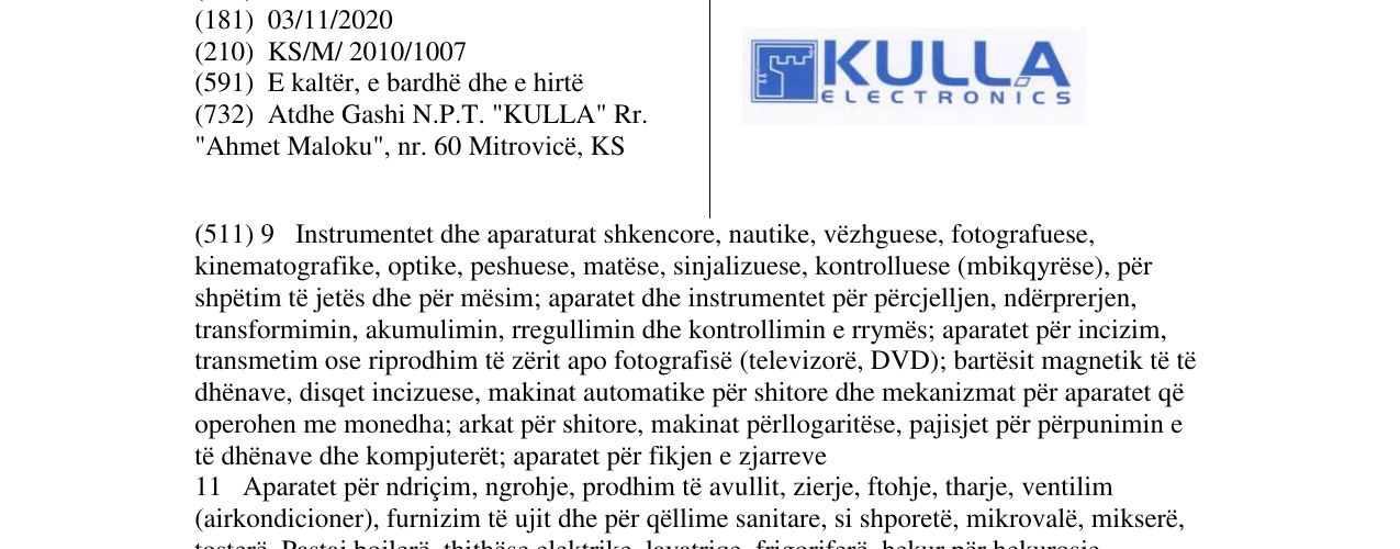 Zëri i markës KULLA ELECTRONICS në buletin