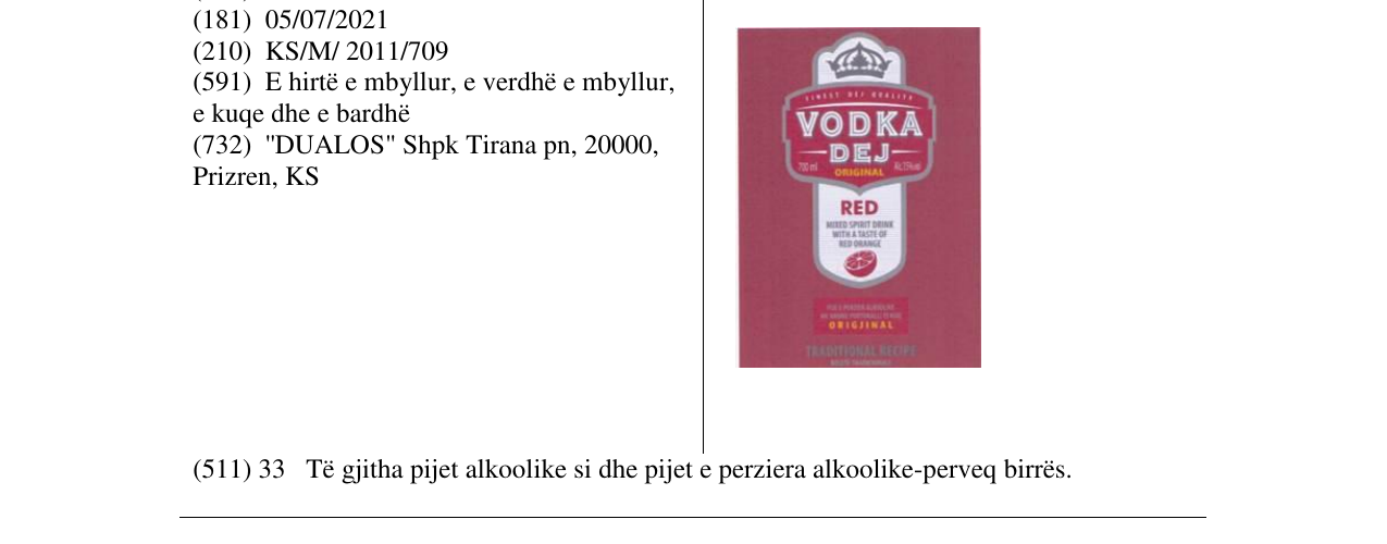 Zëri i markës VODKA DEJ në buletin