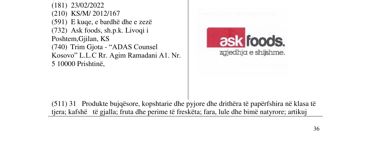 Zëri i markës ask foods. në buletin