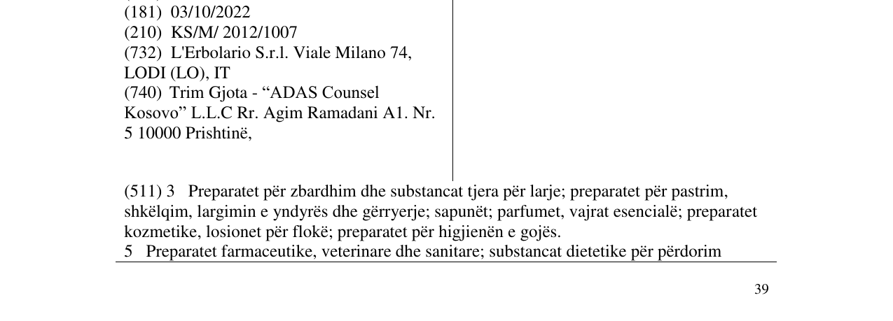 Zëri i markës L'ERBOLARIO në buletin