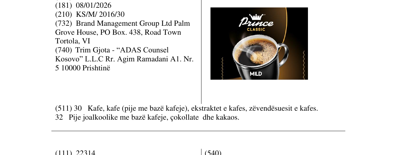 Zëri i markës Prince CLASSIC MILD në buletin