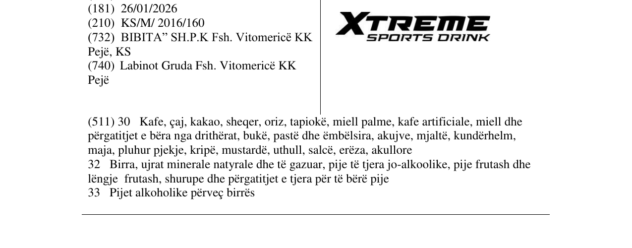 Zëri i markës XTREME SPORTS DRINK në buletin