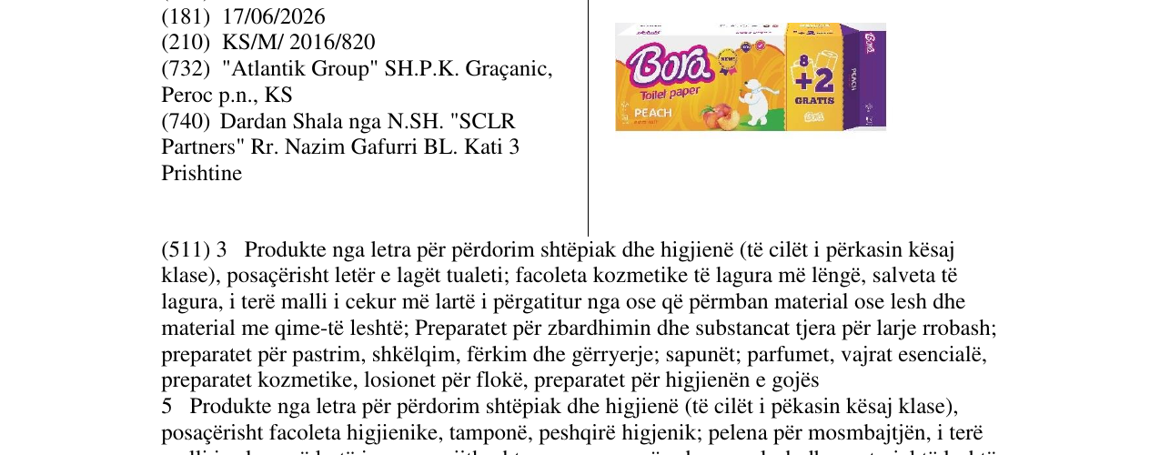 Zëri i markës Bora Toilet paper PEACH në buletin