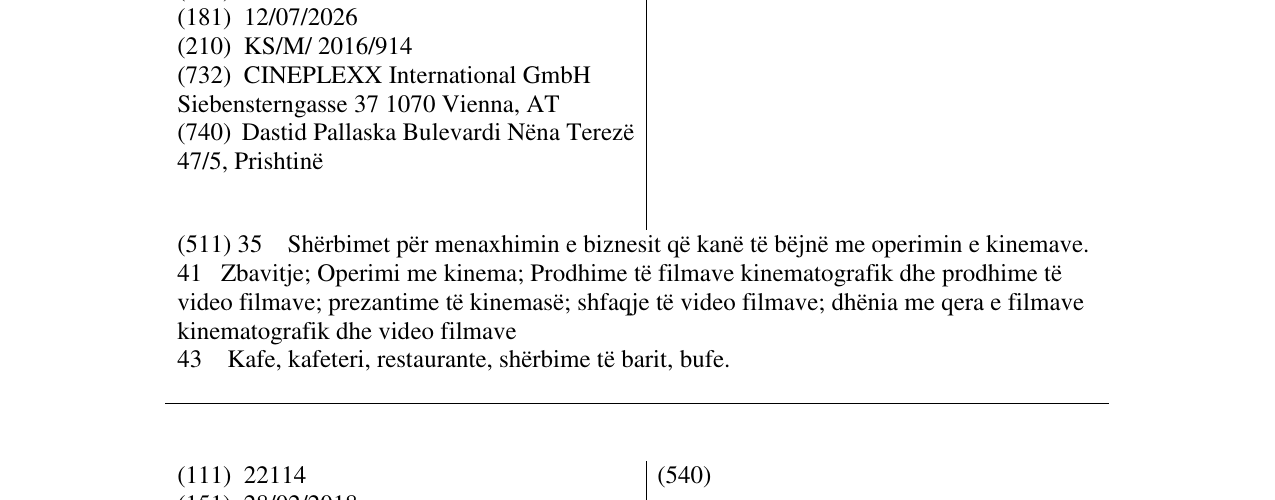 Zëri i markës CINEPLEXX në buletin