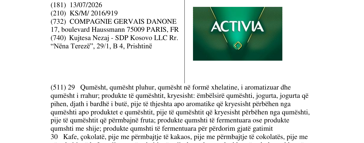 Zëri i markës ACTIVIA në buletin
