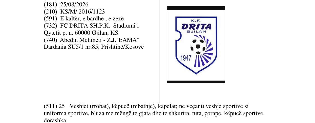 Zëri i markës K.F. DRITA GJILAN 1947 në buletin