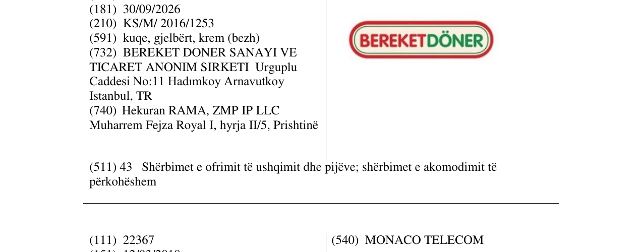 Zëri i markës BERKETDONER në buletin