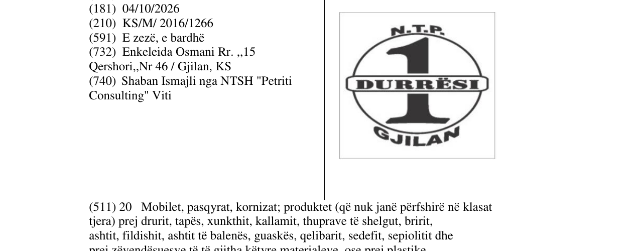 Zëri i markës N.T.P. DURRËSI 1 GJILAN në buletin