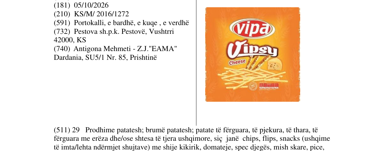 Zëri i markës vipa Vipsy cheese në buletin