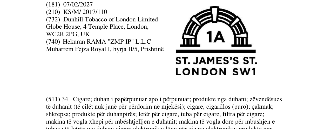 Zëri i markës 1A ST.JAMES'S ST. LONDON SW1 në buletin