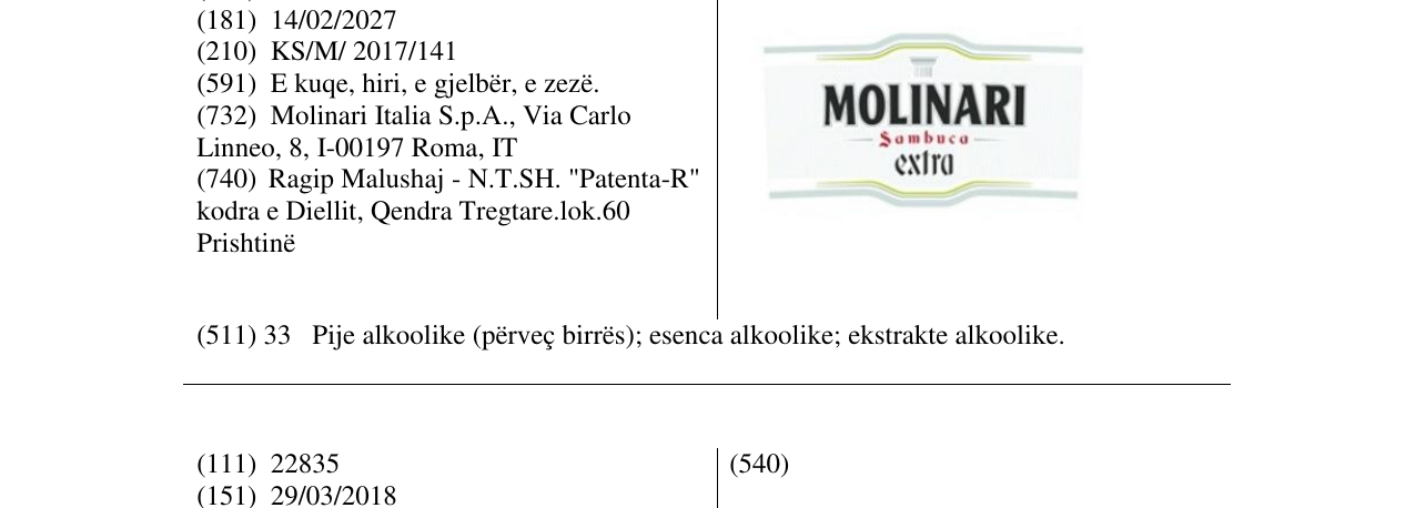 Zëri i markës MOLINARI Sambuca extra në buletin