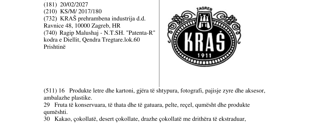 Zëri i markës KRAS 1911 ZAGREB në buletin