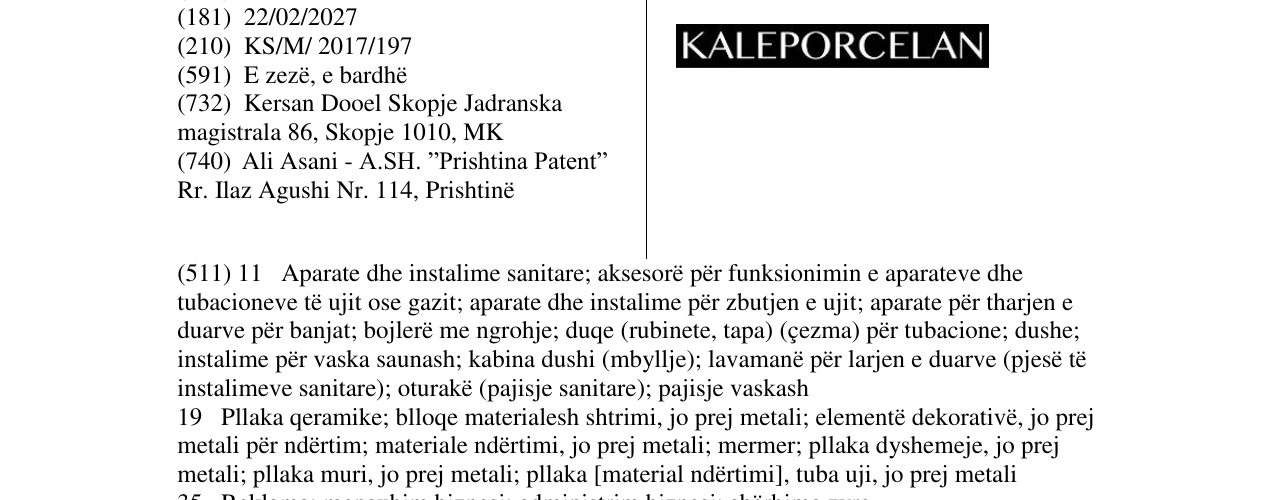 Zëri i markës KALEPORCELAN në buletin