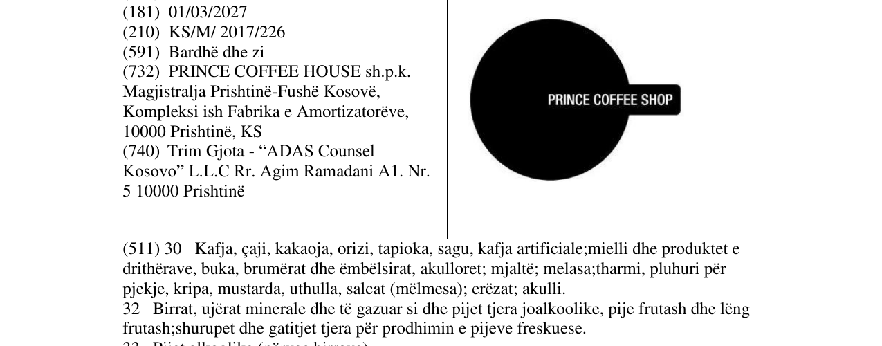 Zëri i markës PRINCE COFFE SHOP në buletin