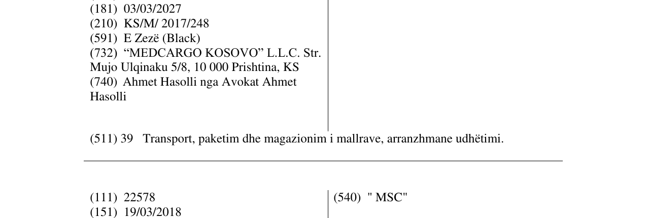 Zëri i markës " MSC " MEDITERRANEAN SHIPPING në buletin