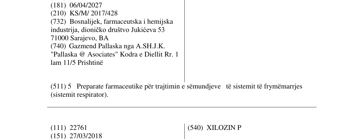 Zëri i markës XILOZIN në buletin