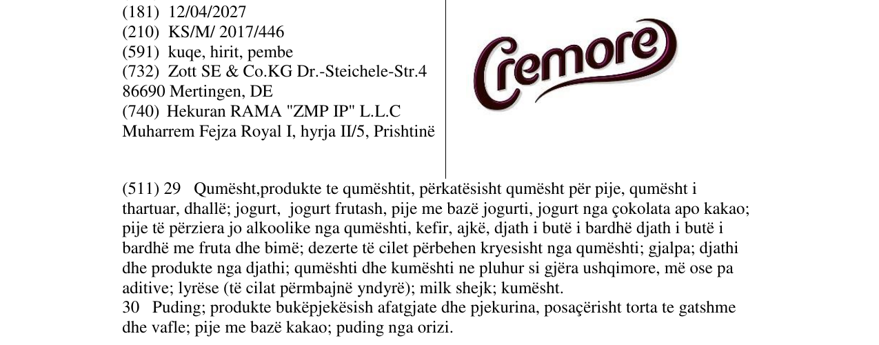 Zëri i markës Cremore në buletin