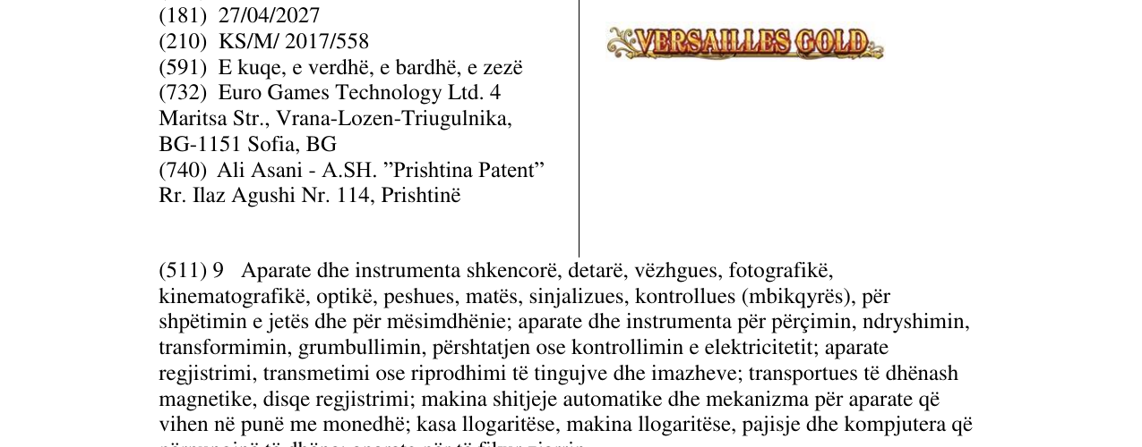 Zëri i markës VERSAILLES GOLD në buletin