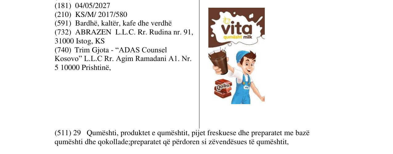 Zëri i markës Vita qumësht milk në buletin