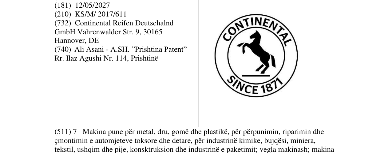 Zëri i markës CONTINENTAL SINCE 1871 në buletin