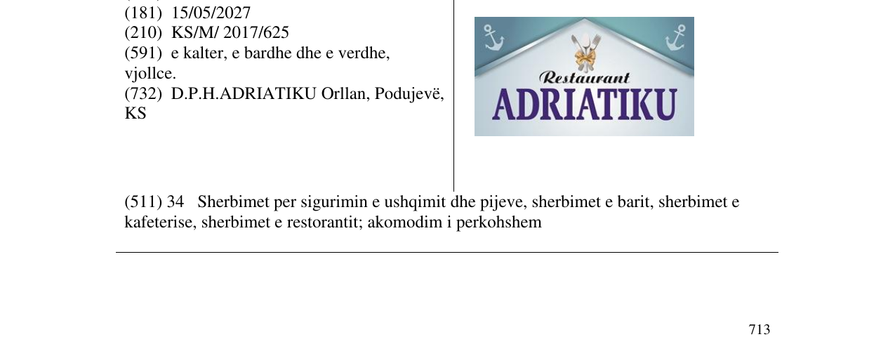 Zëri i markës Restaurant ADRIATIKU në buletin