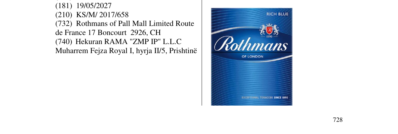 Zëri i markës Rothmans në buletin