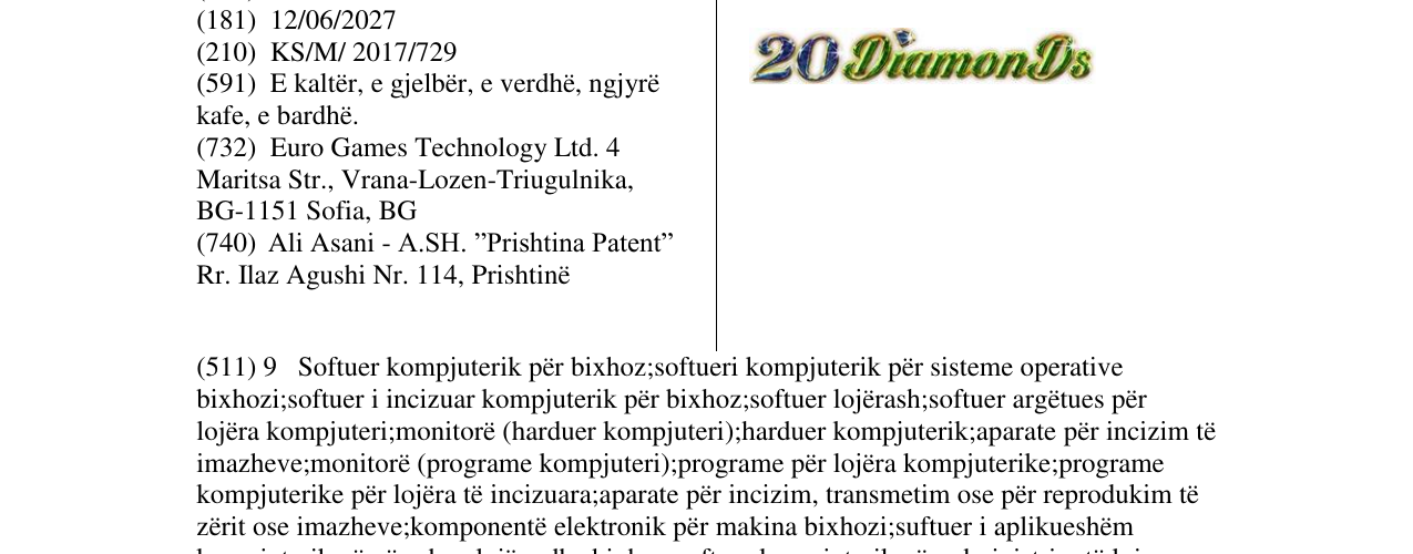Zëri i markës 20 DiamonDs në buletin