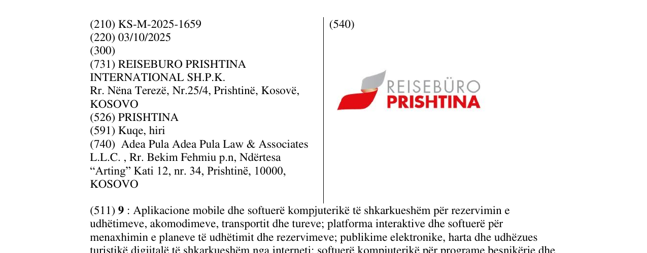 Zëri i markës REISEBURO PRISHTINA në buletin