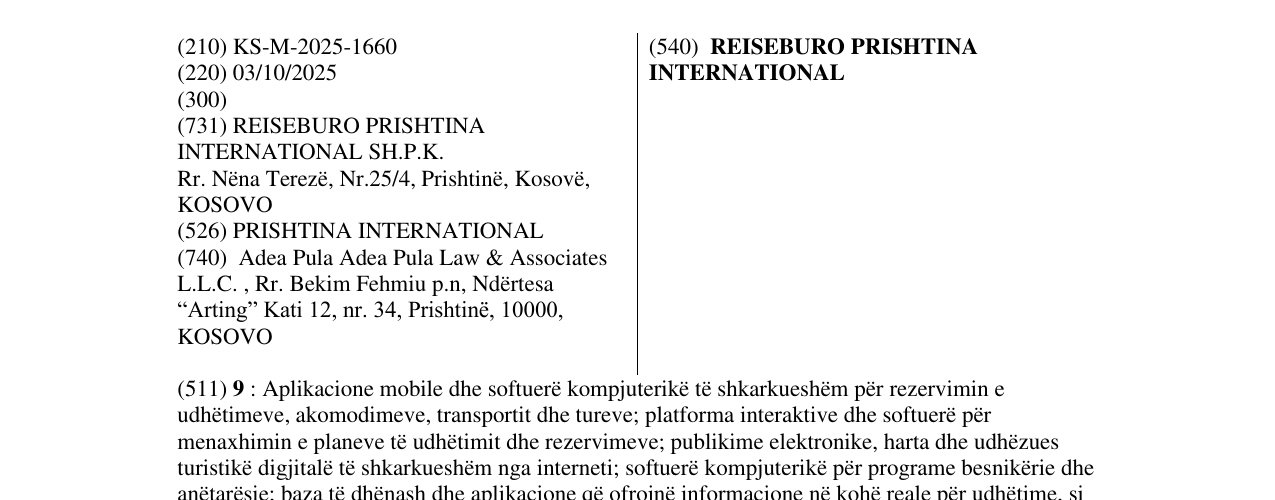 Zëri i markës REISEBURO PRISHTINA INTERNATIONAL në buletin