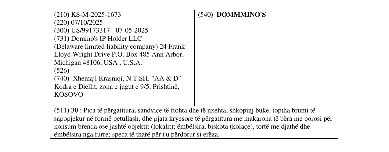 Zëri i markës DOMMMINO'S në buletin