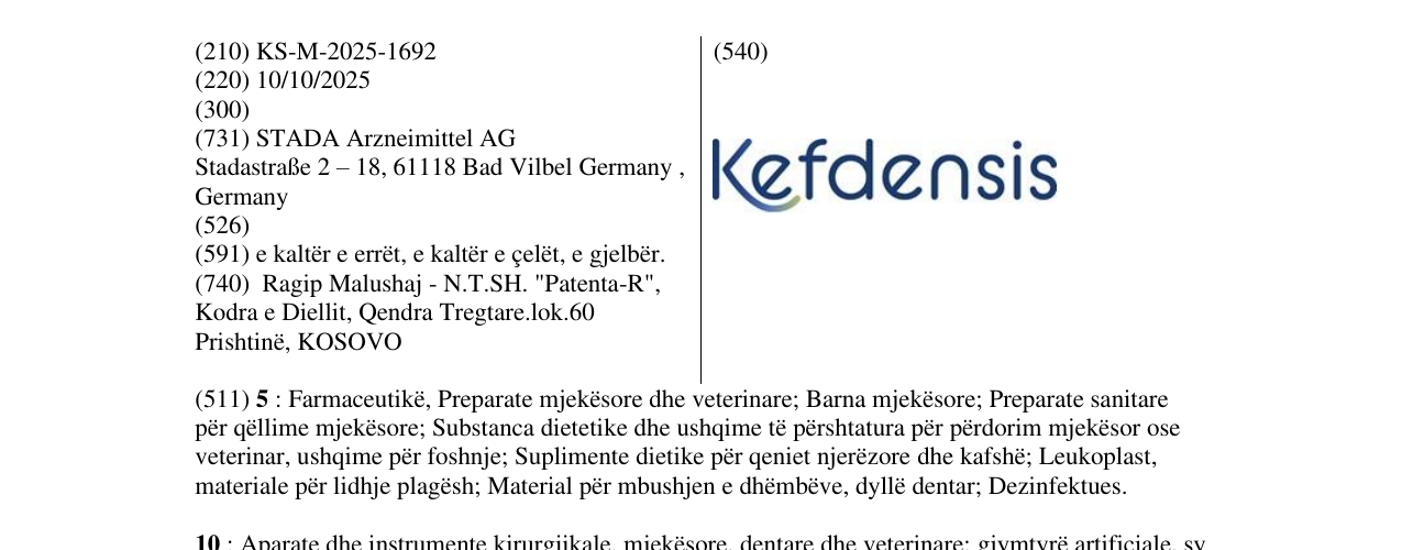 Zëri i markës Kefdensis në buletin