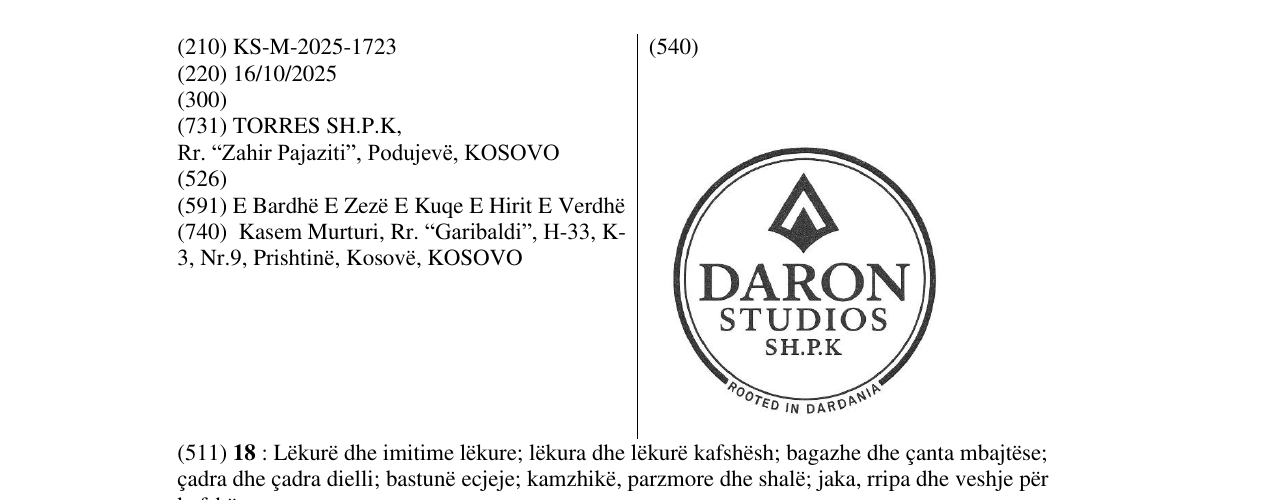 Zëri i markës DARON STUDIOS SH.P.K në buletin