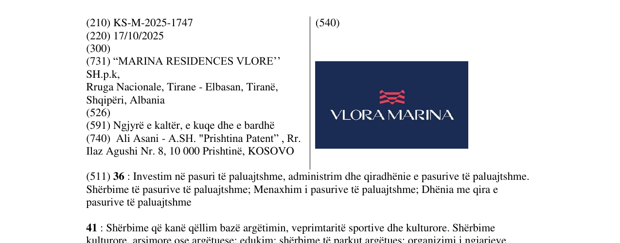 Zëri i markës VLORA MARINA në buletin
